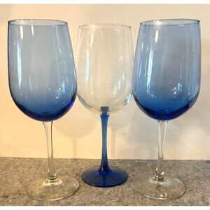 3 Blue and Clear 9.25" Tall Wine glasses  2 Blue w/clear stem, 1Clear w/Blue Ste